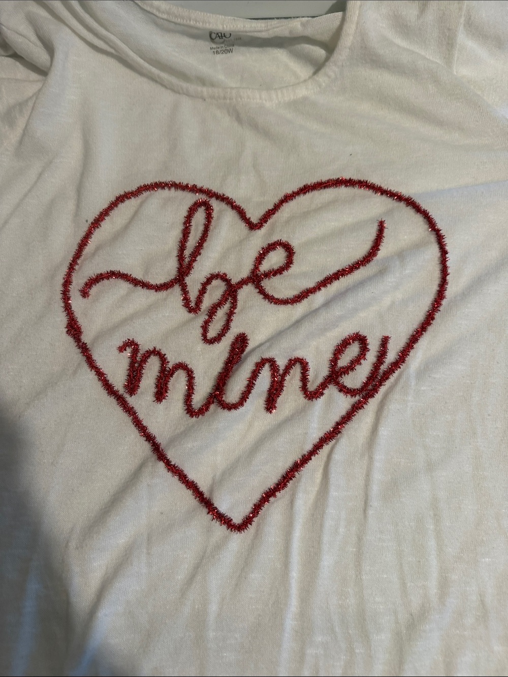Be Mine Heart 3/4 sleeve- White with Red Sparkle Script